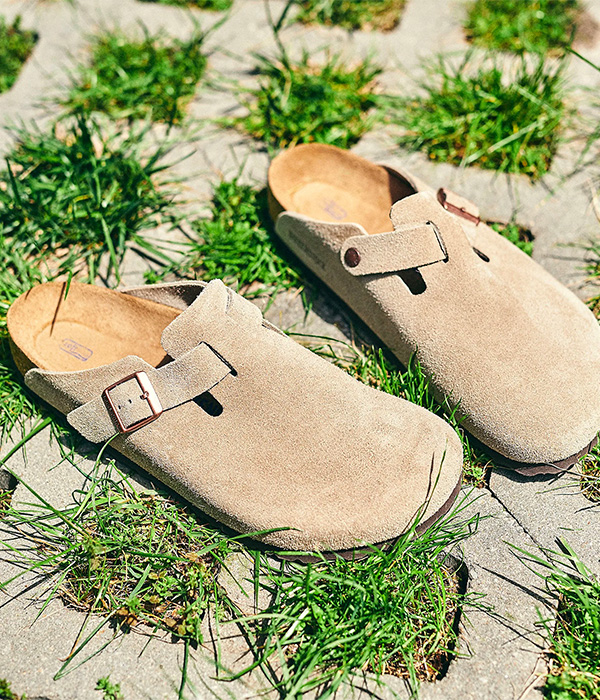 image of light tan suede clog shoes