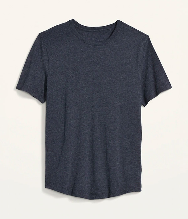 image of a navy blue curved hem short sleeve shirt