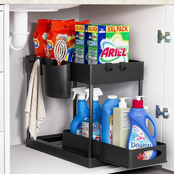 image of a cleaning product organizer under a sink