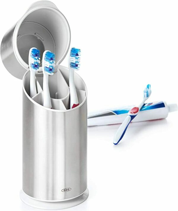 image of a silver toothbrush organizer holder