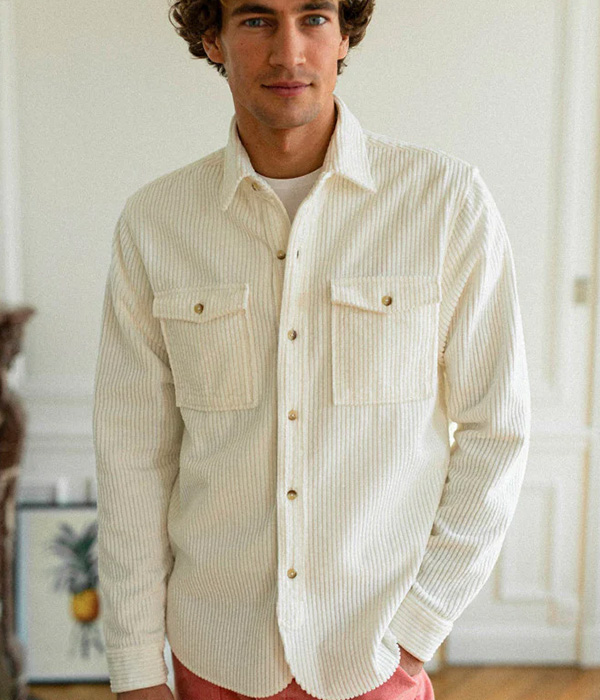 image of a long sleeve button up white corduroy shirt