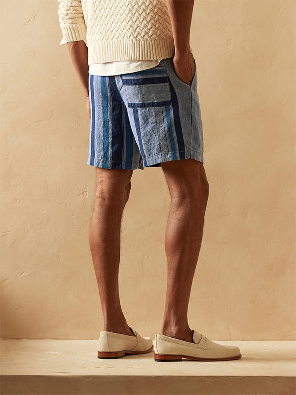image of a person wearing blue stripe linen shorts
