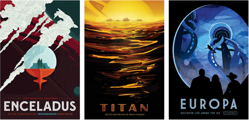 Encleladaus, Titan, and Europa NASA posters