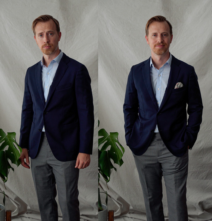 2 photos of a man in a navy sport coat, on the left without a pocket square and on the right with a pocket square