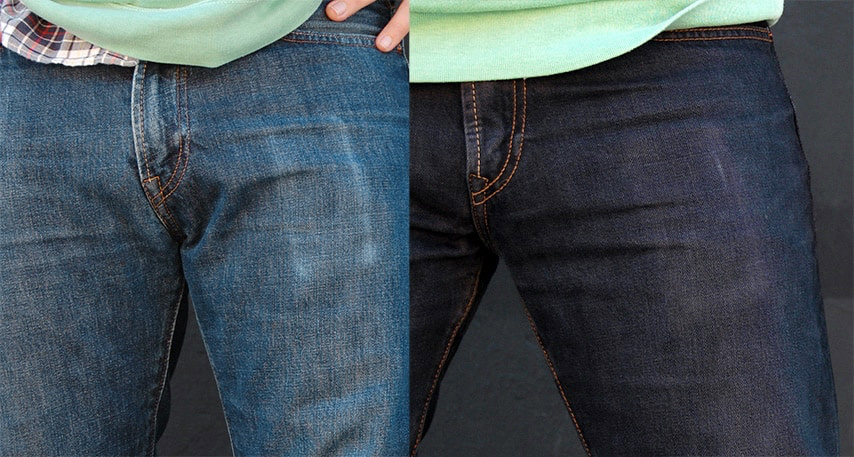 before and after of a pair of faded jeans redyed with RIT dye