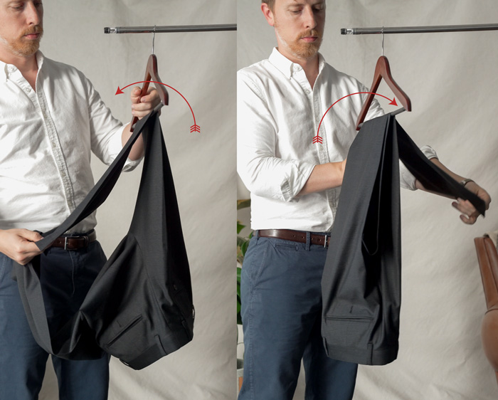 how to hang trousers with the savile row pleat - fold one leg over the hanger from the outside in, then fold the opposite leg over the hanger