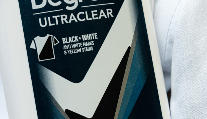 close up of antiperspirant that says blac+white anti white marks & yellow stains Degree 