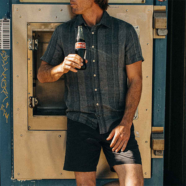 image of a man wearing a blue short sleeve shirt and shorts