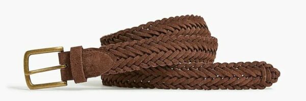 a brown braided belt with gold buckle