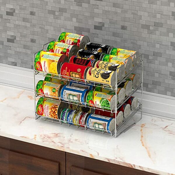 a wire storage rack for canned grocery items