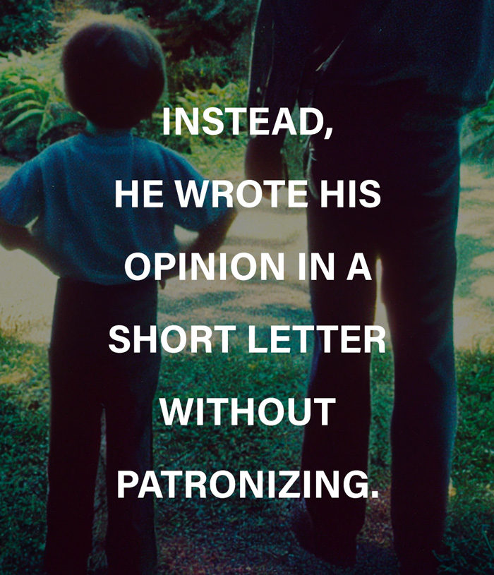 A boy standing next to his father with the text 