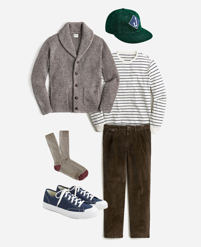outfit collage featuring green hat, shawl collar sweater, striped t-shirt, corduroy pants, socks, and navy sneakers