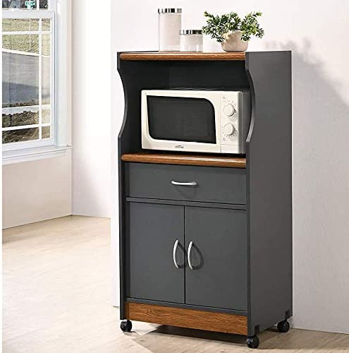 a storage cart for with a microwave and cabinet drawers
