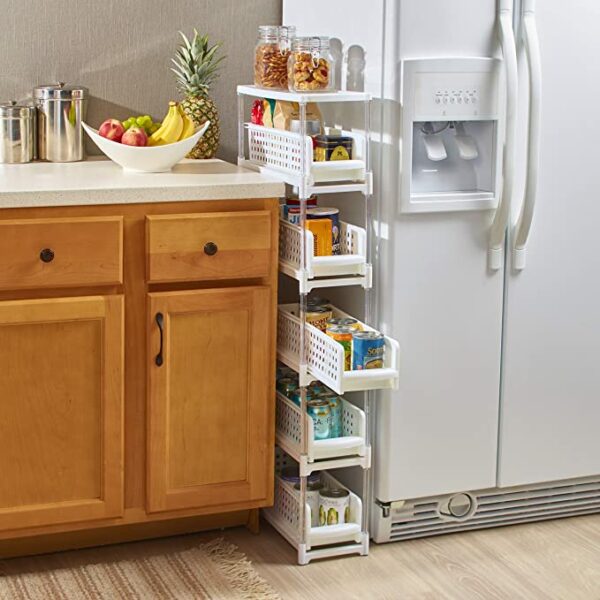 a sliding narrow space storage rack in a kitchen