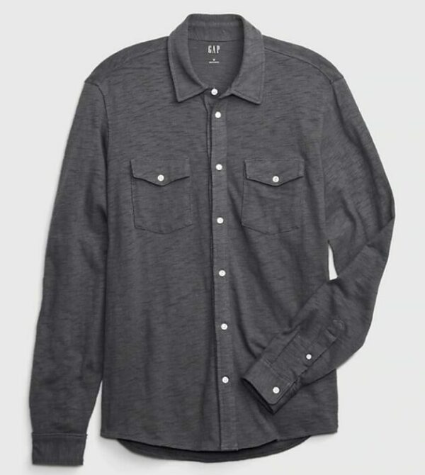 a long sleeve button front gray shirt