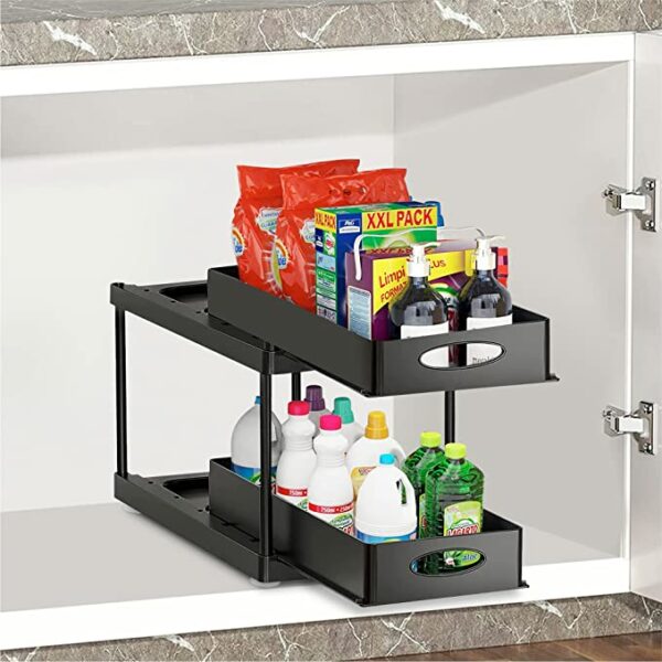 an under sink organizer shelf containing cleaning products