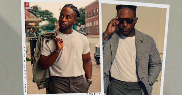 a split image of a man wearing a plain white and styled with a jacket