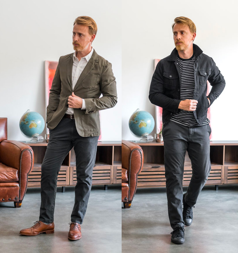 2 outfit examples with gray Dockers Ultimate Chinos