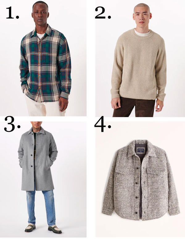 1 flannel shirt 2 crewneck sweater 3 mac coat 4 textured shirt jacket