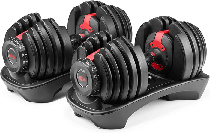 a pair of bowflex dumbbells for exercise