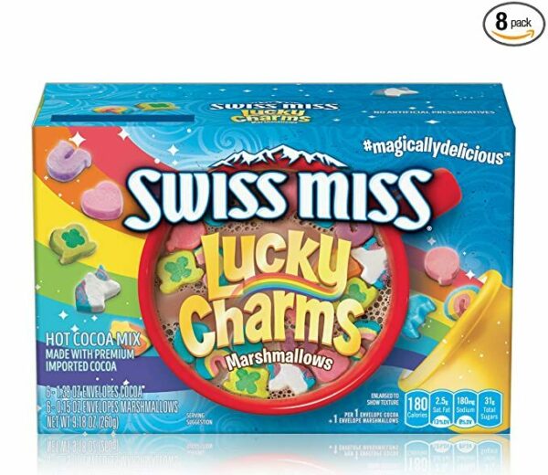 an eight pack box of hot cocoa mix with lucky charms cereal marshmallows