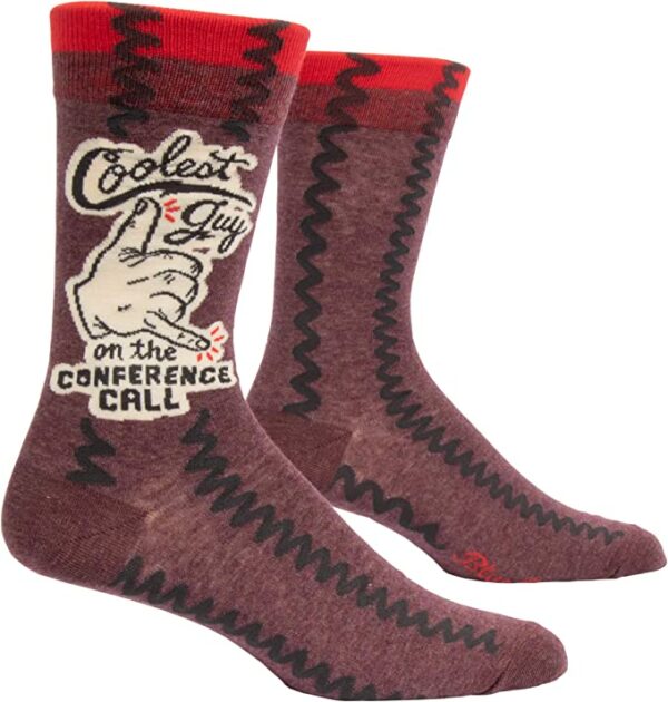 a pair of sock with conference call letters and design