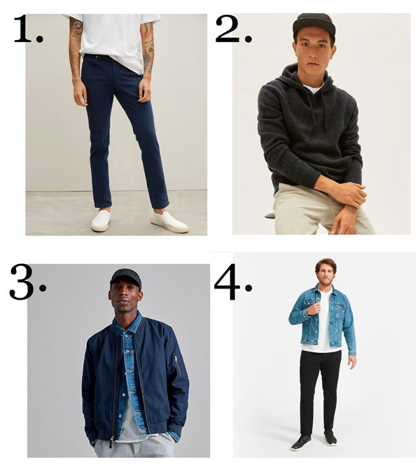 1 5 pocket pant, 2 felted merino hoodie 3 bomber jacket 4 organic stretch jean from everlane