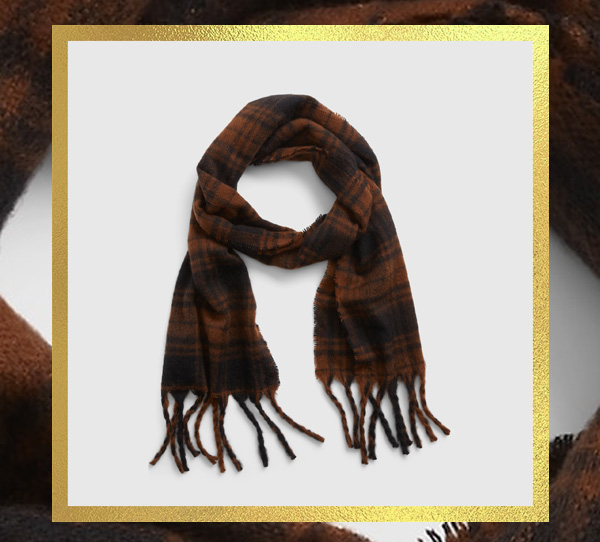 a brown and black plaid scarf