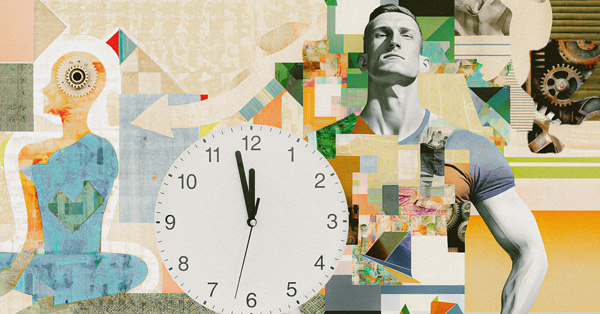 a graphic feature with various images including a clock and gears and the face of a man