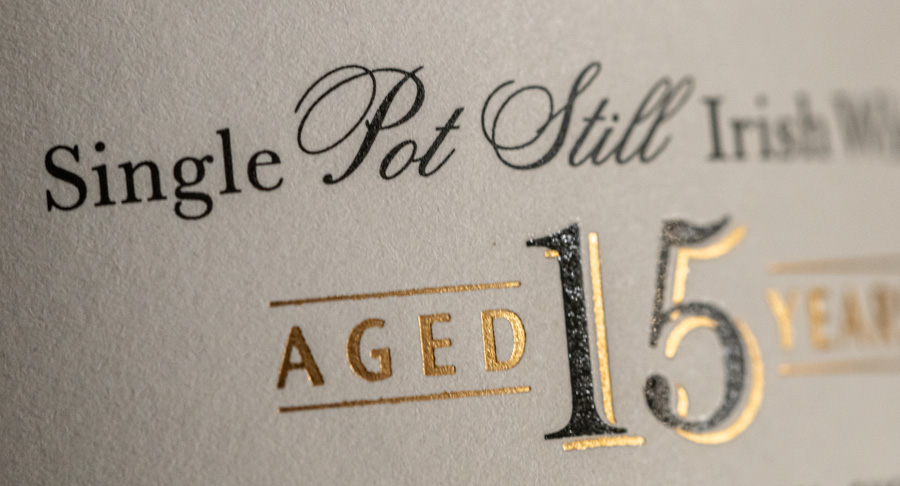 irish whiskey label close up indicating Single Pot Still aged 15 years