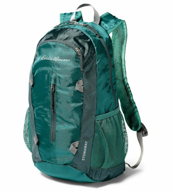 a green packable backpack