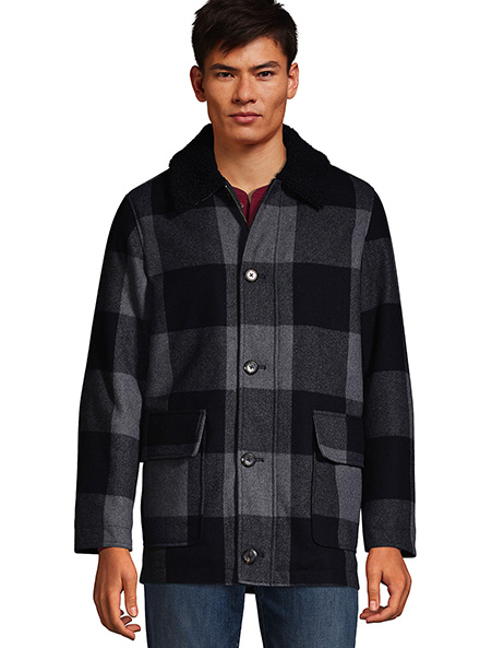 a black and grey buffalo check pattern coat