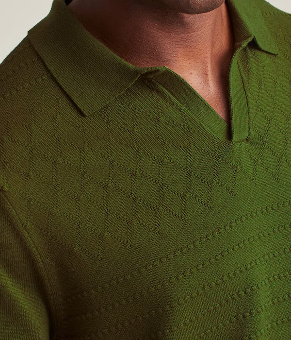 a person wearing a green sweater polo shirt