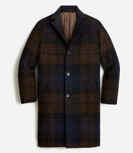 blue and brown plaid topcoat