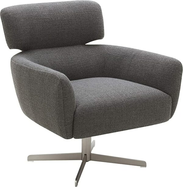 a grey upholstered swivel chair