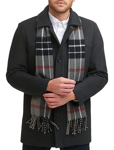 a man wearing a wool blend car coat with scarf