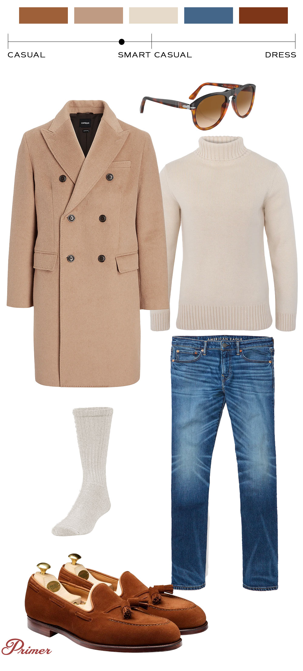 a smart casual winter outfit made of neutral hues featuring a camel color over coat, an off white roll neck sweater, light wash jeans, beige socks, and tan suede loafers