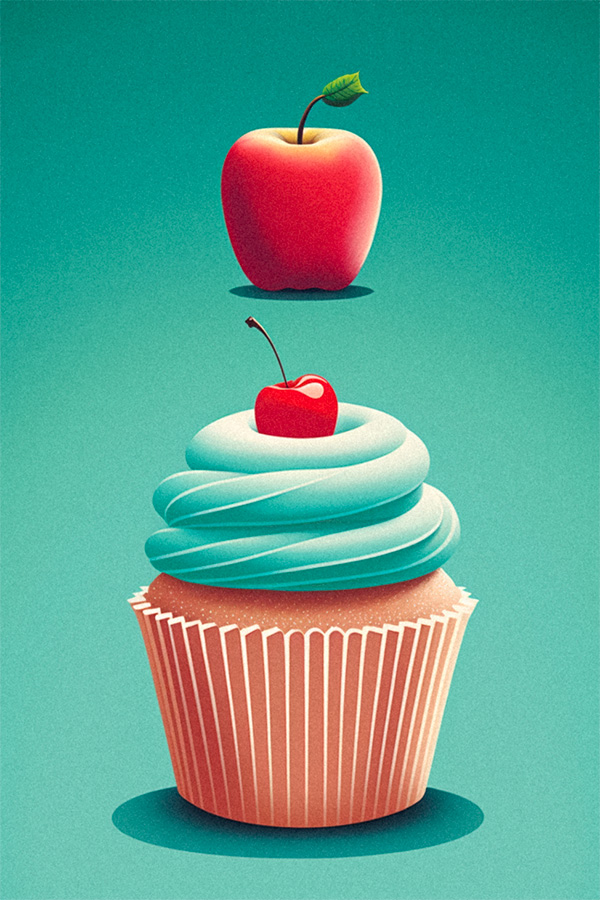 cupcake în fața unei ilustrații cu măr