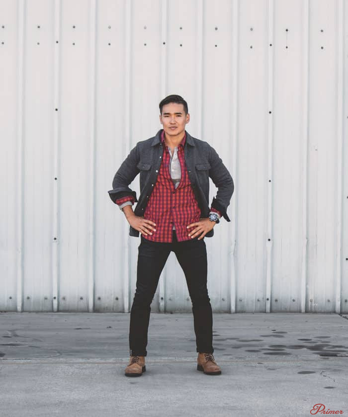 black jeans with plaid shirt and brown shoes