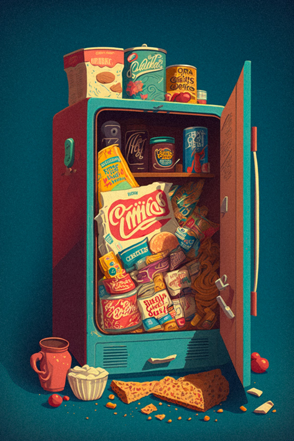 illustration of a refrigerator overflowing with junk food