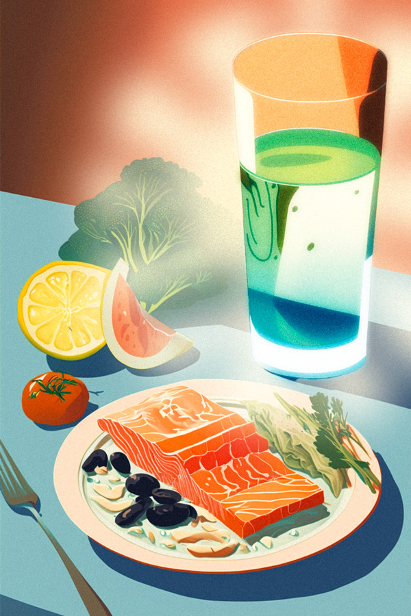 illustration of water with a healthy meal