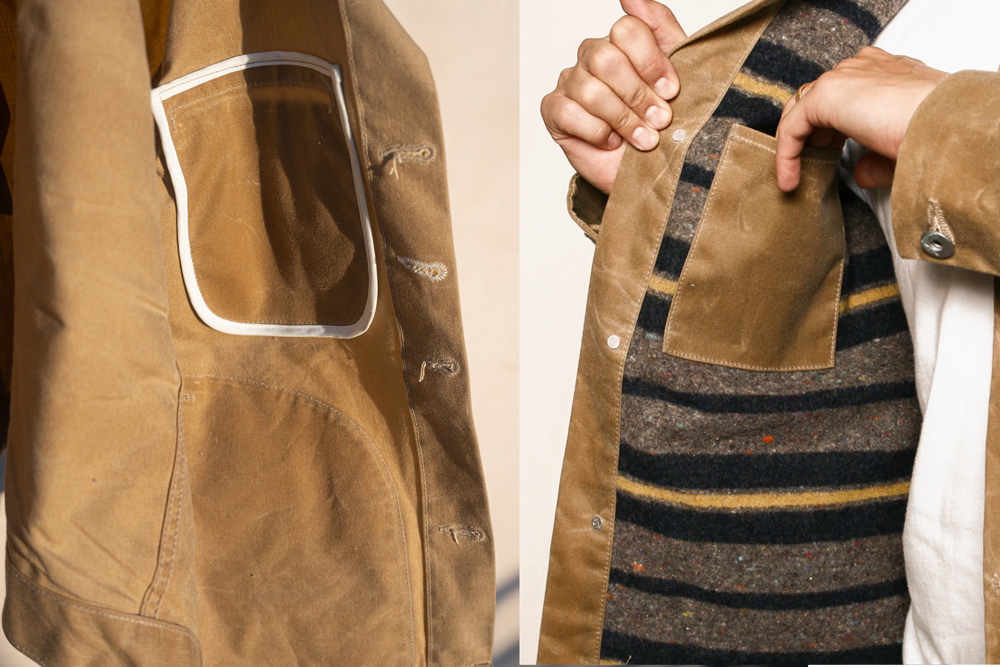 comparison photo of unlined vs lined waxed canvas trucker jacket ridgeline by Rogue Territory