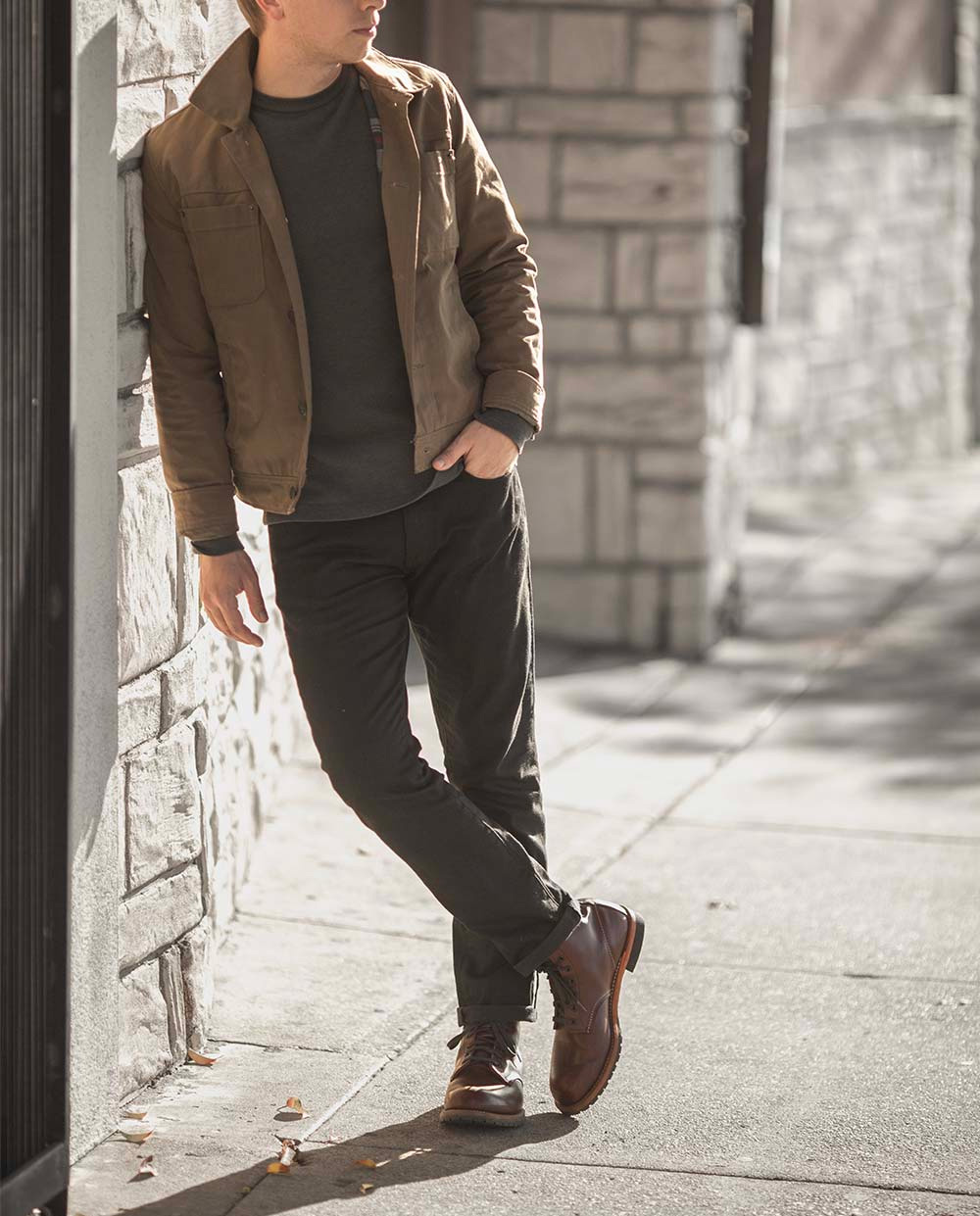 waxed cotton jacket outfit idea black jeans