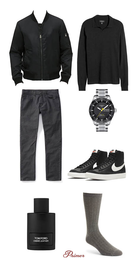 casual outfit inspo for men featuring black bomber jacket, sweater polo, grey jeans, tissot watch, black nike blazer sneakers, tom ford cologne, grey socks