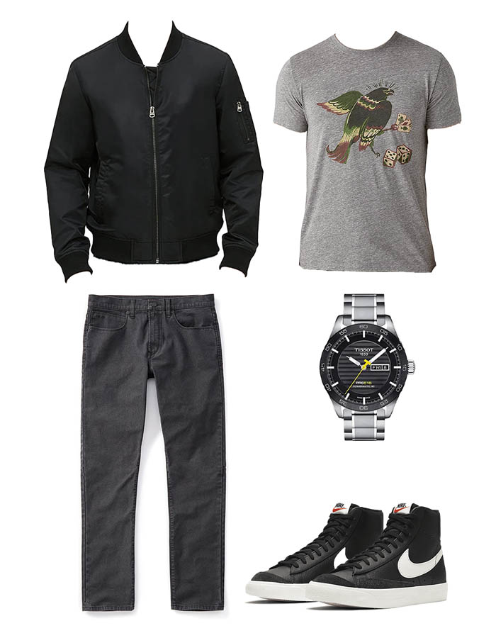 casual outfit inspo for men featuring black bomber jacket, gray graphic tee, grey jeans, tissot watch, black nike blazer sneakers, tom ford cologne, grey socks