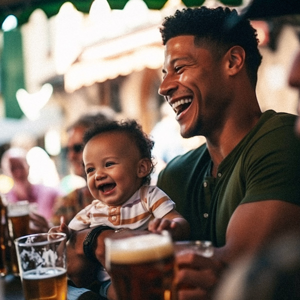 father laughing with baby