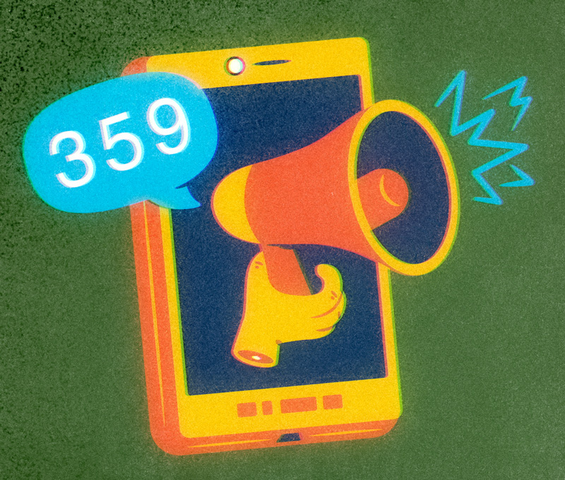 a megaphone yelling from a mobile phone with 359 notifications