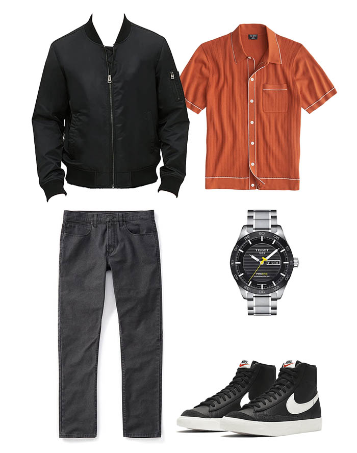 casual outfit inspo for men featuring black bomber jacket, orange sweater polo, grey jeans, tissot watch, black nike blazer sneakers, tom ford cologne, grey socks