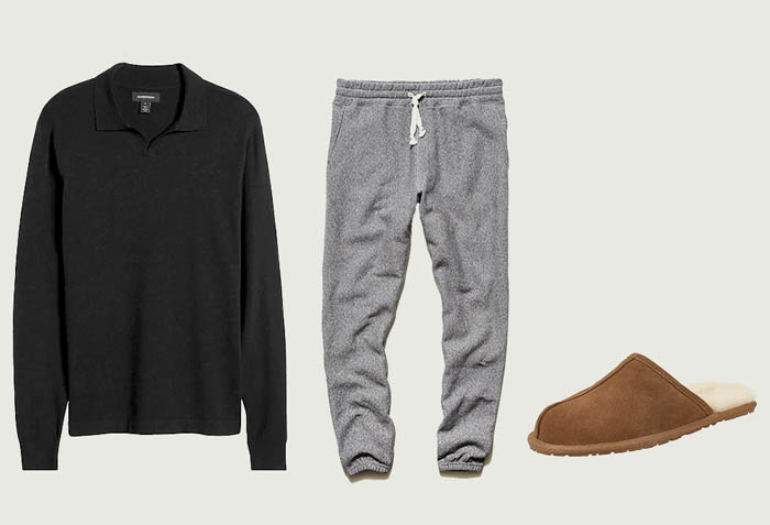 black polo grey joggers brown slippers