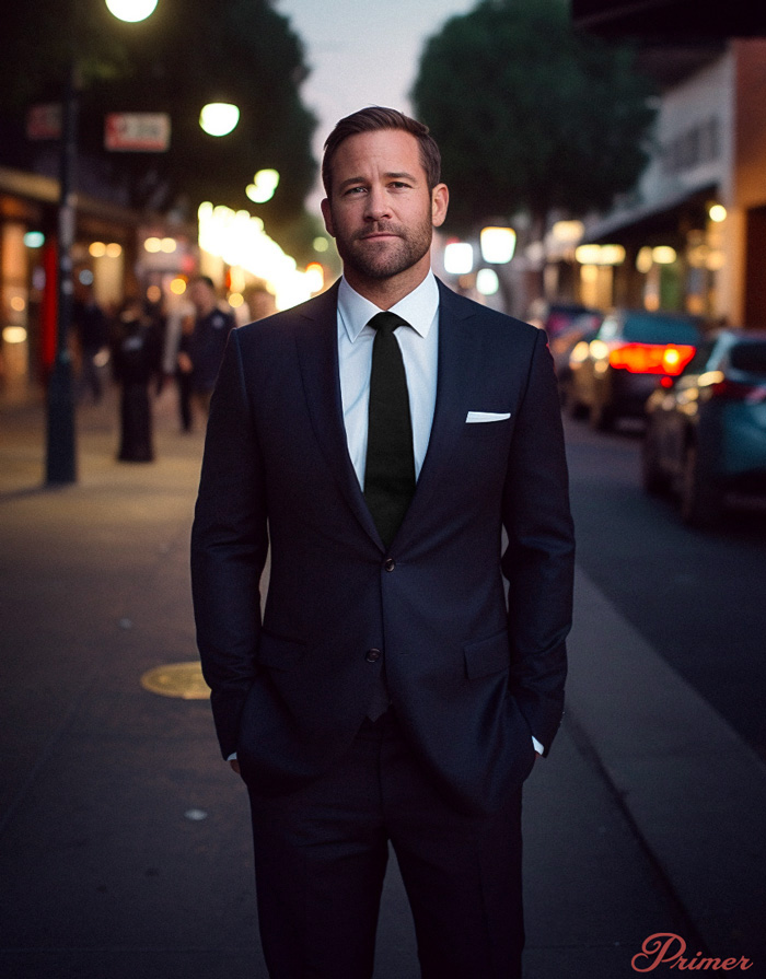 black tie tuxedo alternative: man wearing a navy suit, white shirt, black tie